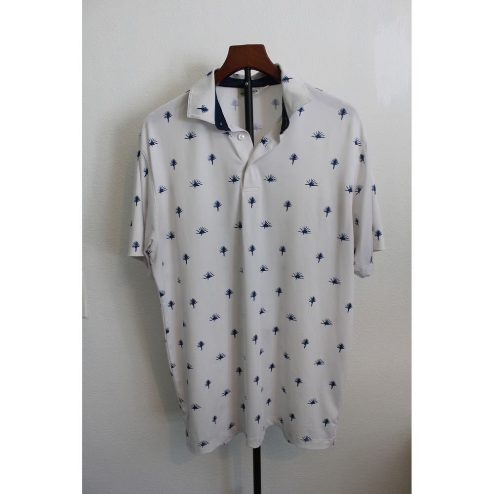Devereux Golf Men's Palm Leaf Print Polo Shirt White‎ Navy Blue Size M